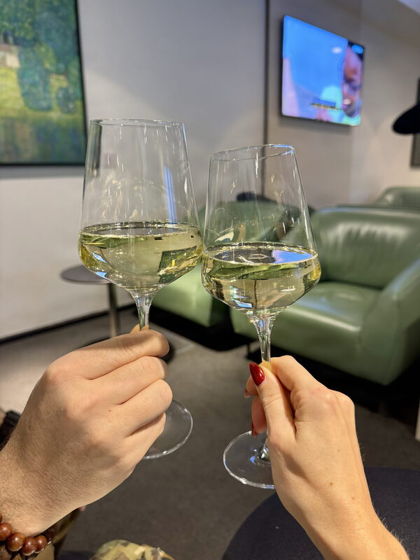Our celebratory glass of bubbles at the Vienna airport lounge