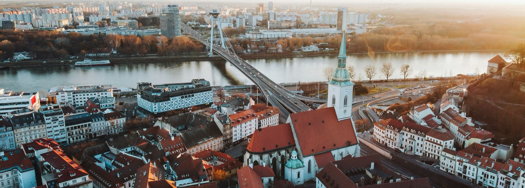Bratislava old town from above, on the bank of the Danube